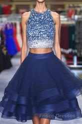 Two Piece Ruffles Ball Gown Homecoming Dress,Navy Blue Semi Formal Prom Dress