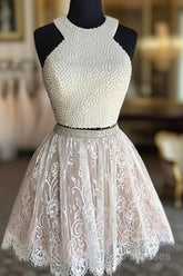 Two Pieces Halter Lace Skirt Pearls Bodice Cute Homecoming Dress
