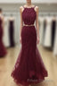 Two Pieces Halter Neck Mermaid Tulle Maroon Formal Prom with Beadings, Maroon Formal Prom, Evening