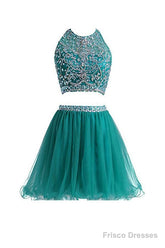 Two Pieces Tulle Short With Beaded Green Homecoming Dress