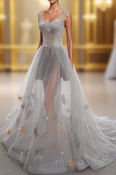 Gray Long Formal Prom Dress with Butterfly, New Arrival Unique Evening Dress