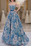 Unique A-Line Flower Satin Blue Long Formal Prom Dress, Blue Long Formal Dress