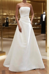 Unique A Line Strapless Satin White Wedding Dress Brides Dress