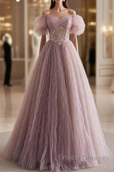 Unique And Elegant Dark Pink Sequin Off The Shoulder Short Sleeved Ball Dress Dark Pink A-Line Princess Glitter Beaded Backless And Ground Length Formal Prom Dress