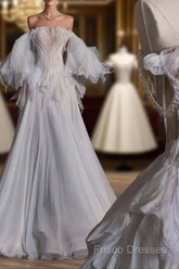 Unique Ball Gown Off The Shoulder Long Tulle White Wedding Dress Brides Dress