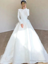 Unique Ball Gown Scoop Neckline Long Sleeves White Satin Wedding Dresses