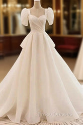 Unique Ball Gown Sweetheart Short Sleeves Long White Wedding Dress