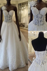 Unique Design One Shoulder See Through A-Line Lace Tulle Wedding Dress,