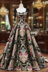Unique Floral Floor Length Formal Prom Dress, A-Line Black Formal Dress