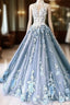 Unique High Neck Tulle Lace Long Formal Prom Dress Blue Tulle Lace Formal Dress