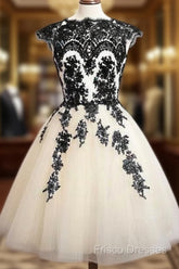 Unique Lace Tulle Short Formal Prom Dress, Lace Bridesmaid Dress