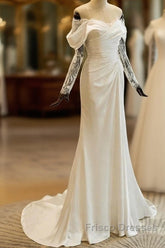 Unique Mermaid Off The Shoulder Pleats Satin Long Sleeves Wedding Dress Brides Dress