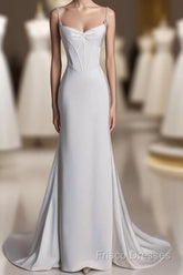 Unique Mermaid Spaghetti Straps Satin White Wedding Dress Brides Dress