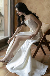 Unique Mermaid Strapless Pleats Long White Satin Wedding Dresses Brides Dress