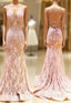Unique Pink Long Mermaid Open Back Lace Dress, Senior Formal Prom Dress