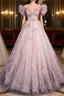 Unique Powder Blusher Pink Glitter Sequins Off Shoulder Rhinestone Applique Short Sleeve Formal Prom Dress Powder Blusher Pink A-Line Princess Backless Strap Long Evening Dress