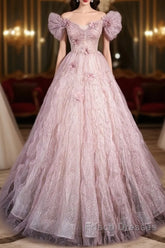 Unique Powder Blusher Pink Glitter Sequins Off Shoulder Rhinestone Applique Short Sleeve Formal Prom Dress Powder Blusher Pink A-Line Princess Backless Strap Long Evening Dress