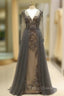 Unique Formal Prom Dress Long Sleeves Tulle V-Neck Neckline Floor-Length A-Line,Evening Dress, Formal Dress