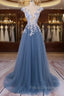 Unique Round Neck Applique Tulle Long Formal Prom Dress, Tulle Evening Dress