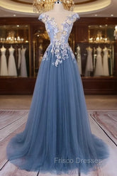 Unique Round Neck Applique Tulle Long Formal Prom Dress, Tulle Evening Dress