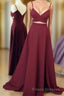 Unique Sexy Two Pieces Long Burgundy Formal Prom Dresses, Burgundy Evening Dresses