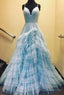 Unique Spaghetti Straps Tulle Prom Dresses With Ruffle Skirt