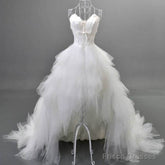 Unique Style Hi-Low Sweetheart Spaghetti Strap White Feather Lace Up Tulle Ruffles Wedding Dresses ,
