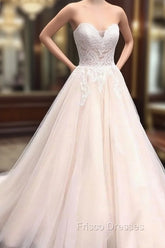 Unique Sweetheart Neck Tulle Lace Applique Long Wedding Dress, Lace Bridal Dress