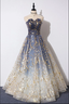 Unique A Line Strapless Blue Ombre Tulle Long Prom Dress Evening Dress