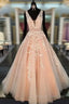 Unique V Neck Tulle Lace Long Formal Prom Dress For Teens, Formal Dress