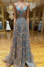 Unique v neck tulle sequin long Formal Prom Dresses, sequin long evening Dresses