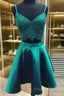 V Neck 2 Pieces Short Green Lace Formal Prom Dress, Two Pieces Short Green Formal Homecoming Dress