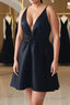 V Neck and V Back Black Satin Short Formal Prom Homecoming Dresses, V Neck Black Formal Graduation Evening Dresses, Black Cocktail Dresses