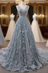 V-Neck Appliques Lace Wedding Dress With Chapel Train