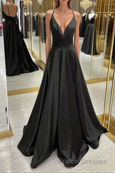 V Neck Backless Black Satin Long Formal Prom Dresses, Backless Black Formal Dresses, Black Evening Dresses