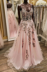 V Neck Backless Pink Lace Long Formal Prom Dresses, Long Pink Lace Formal Evening Dresses