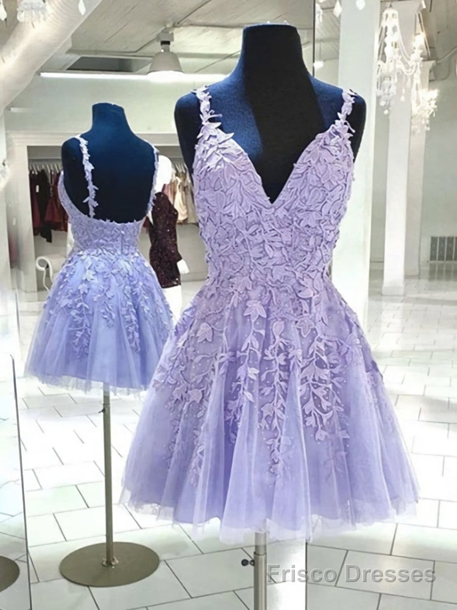 V Neck Backless Purple Lace Short Prom Dresses, Open Back Purple Short Frisco Dresses V Neck Backless Purple Lace Short Prom Dresses, Open Back Purple Short Frisco Dresses