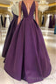 V Neck Backless Purple Satin Long Formal Prom Dresses, Backless Purple Formal Dresses, Purple Evening Dresses