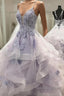 V Neck Backless Ruffles Appliques Tulle Blue Formal Prom Dress