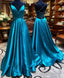 V Neck Backless Teal Long Formal Prom Dress, V Neck Open Back Blue Formal Dress