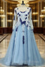 V-Neck Ball Gown Sweep Train Tulle Formal Prom Dress With Appliqued