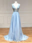 V Neck Blue Lace Prom Dresses, Blue V Neck Lace Formal Graduation Dresses