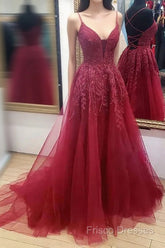 V Neck Burgundy Lace Formal Prom Dress Long, Wine Red V Neck Lace Long Formal Dress