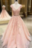 V Neck Cap Sleeves Peach Lace A-Line Long Formal Prom Dress