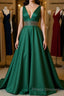 V Neck Emerald Green Satin Long Formal Prom Dresses, Emerald Green Formal Graduation Evening Dresses