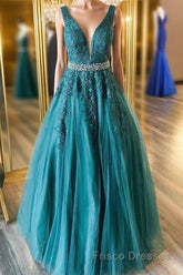 V Neck Green Lace Long Formal Prom Dresses with Beaded Belt, Long Green Lace Formal Evening Dresses