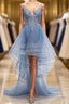 V Neck High Low Blue Lace Formal Prom Dresses, Blue Lace High Low Formal Evening Graduation Dresses