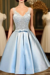 V-Neck Knee-Length Light Blue Satin Homecoming Dress With Appliques