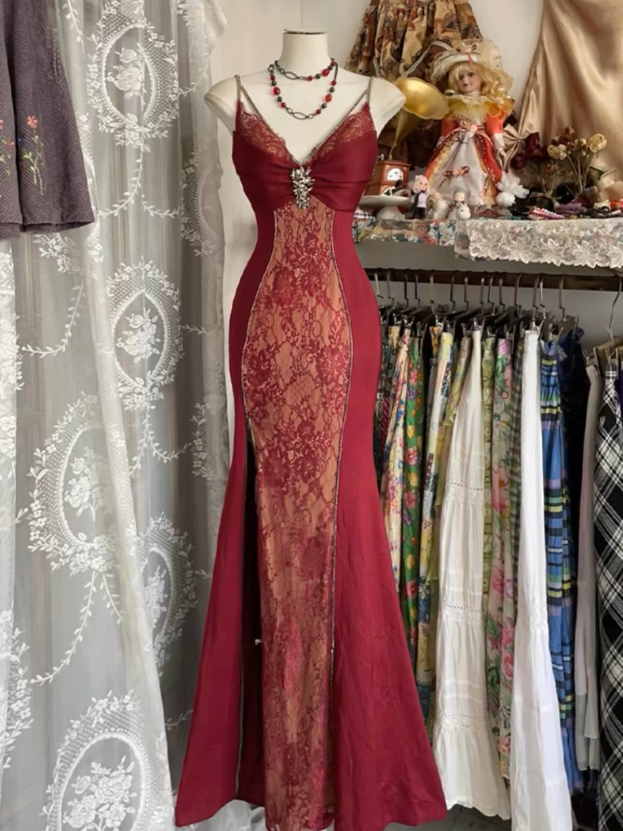 V Neck Lace Burgundy Prom Dress Vintage Mermaid Evening Party Gown Bir Frisco Dresses V Neck Lace Burgundy Prom Dress Vintage Mermaid Evening Party Gown Bir Frisco Dresses