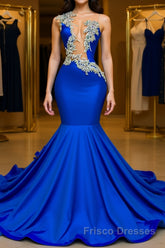 V-neck Mermaid Appliques Lace Sequined Open Back One Shoulder Floor-length Sleeveless Formal Prom Dresses